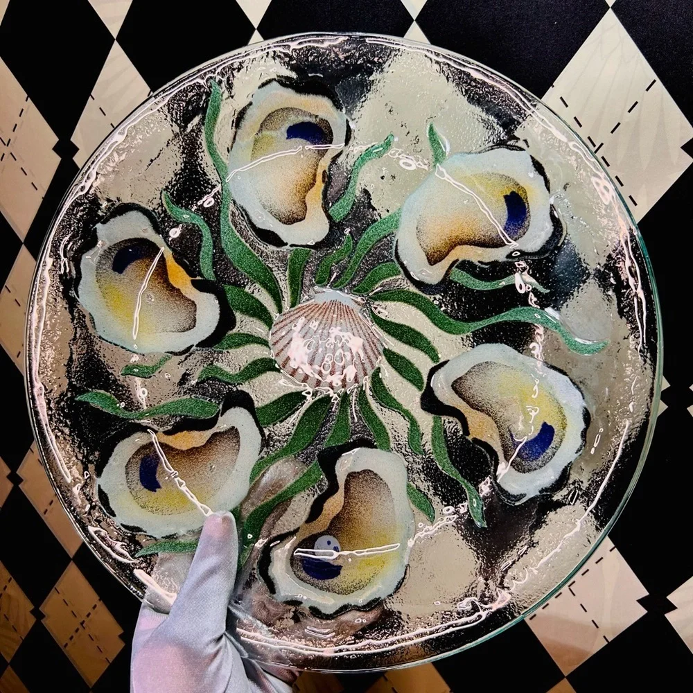 Oyster Shell Motif Fused Glass Platter & Bowl Set — Iridescent Coastal Art Glass - Picture 6 of 16
